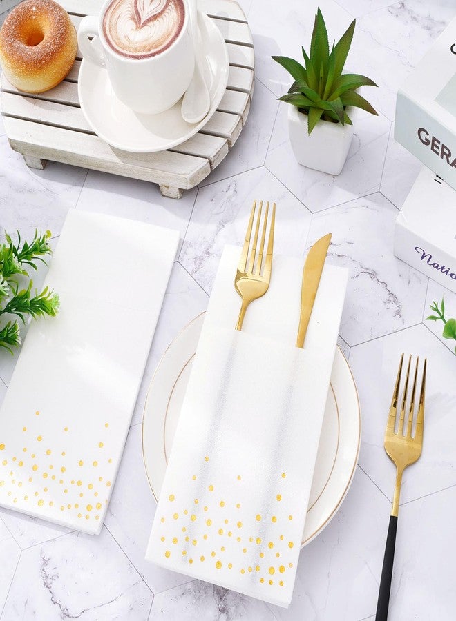 JarThenaAMCS 50Pcs Disposable Linen-Feel Dinner Napkins with Built-in Flatware Pockets White Gold Foil Dots Prefolded Cloth Like Paper Napkin with Cutlery Pouch for Dining Party Table Service Decor - Image 3